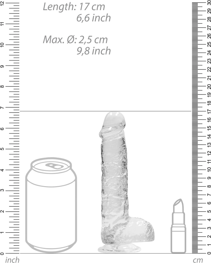 Realistyczne dildo do masturbacji wykonane z przezroczystego silikonu z przyssawką i jądrami RealRock 17 cm