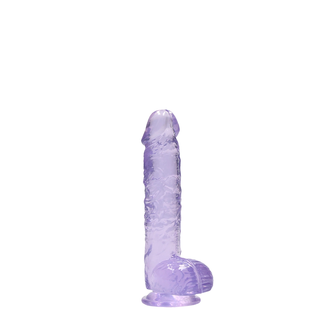 Realistyczne dildo do masturbacji wykonane z fioletowego silikonu z przyssawką i jądrami RealRock 17 cm