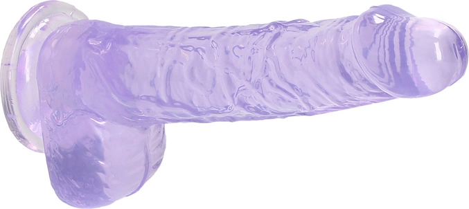 Realistyczne dildo do masturbacji wykonane z fioletowego silikonu z przyssawką i jądrami RealRock 17 cm