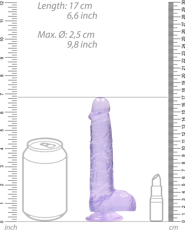 Realistyczne dildo do masturbacji wykonane z fioletowego silikonu z przyssawką i jądrami RealRock 17 cm