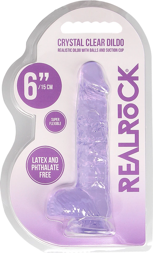 Realistyczne dildo do masturbacji wykonane z fioletowego silikonu z przyssawką i jądrami RealRock 17 cm