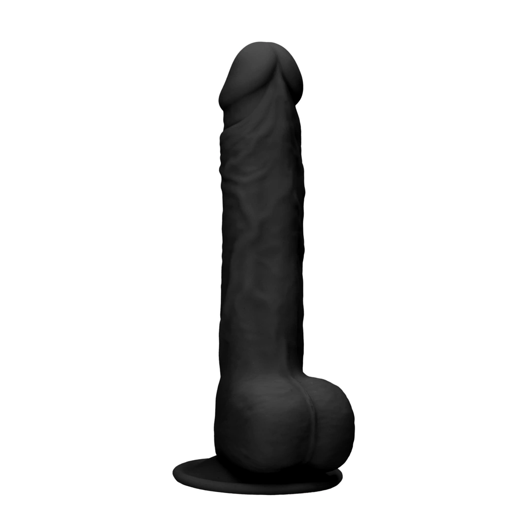 Realistyczne dildo z jądrami zakrzywione wykonane z czarnego silikonu z przyssawką RealRock 24 cm Realistyczne dildo z jądrami zakrzywione wykonane z czarnego silikonu z przyssawką RealRock 24 cm
