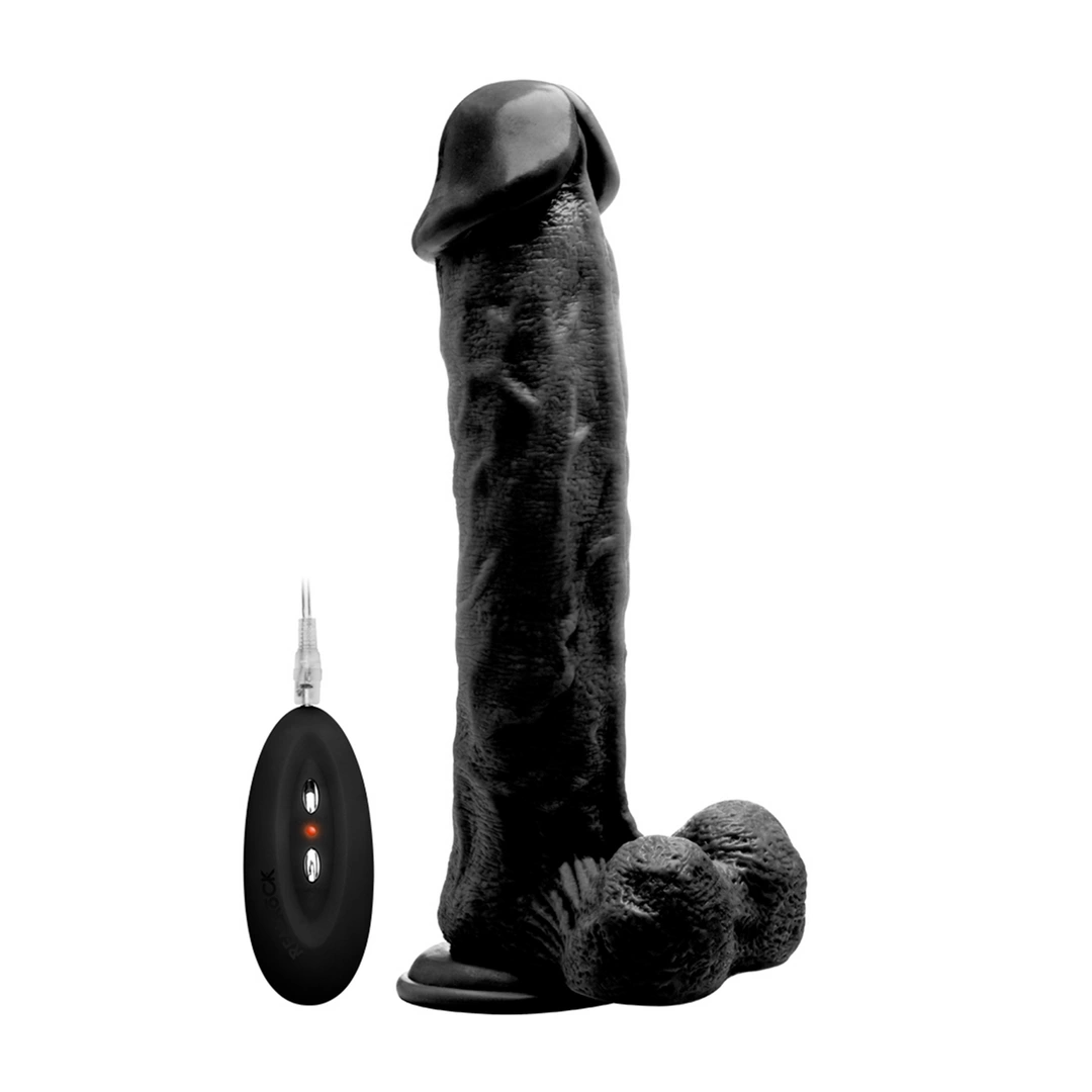 Realistyczny wibrator do masturbacji pochwy wykonany z czarnego silikonu z przyssawką RealRock 28 cm