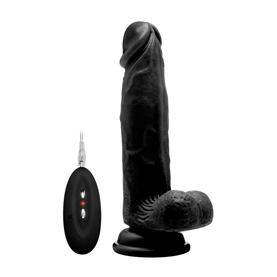 Wibrujące realistyczne dildo z jądrami wykonane z czarnego silikonu z przyssawką RealRock 20 cm