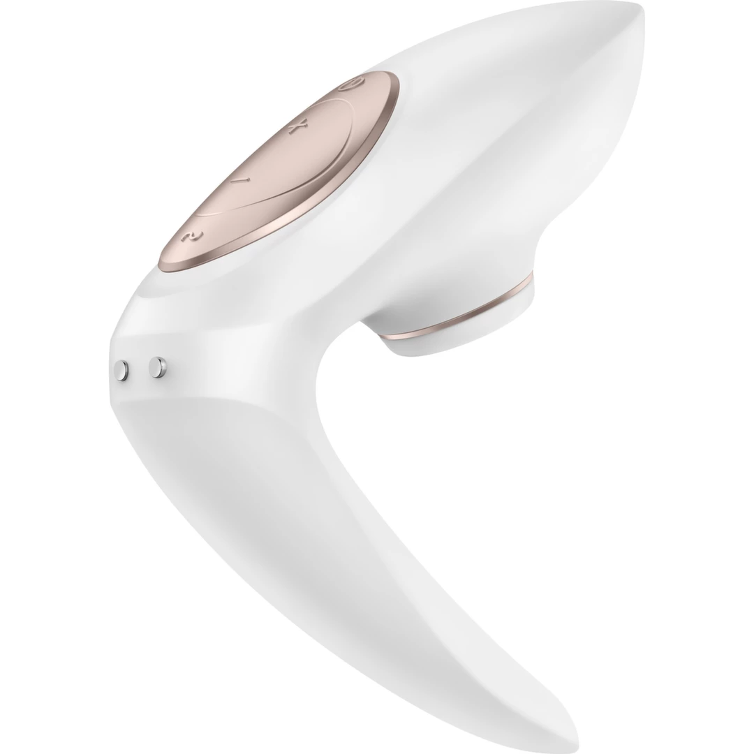Wibrator silikonowy do stymulacji punktu G zakrzywiony za pomocą wibracji i łechtaczki za pomocą podciśnienia w kolorze beżowo białym Satisfyer Pro 4 Couples