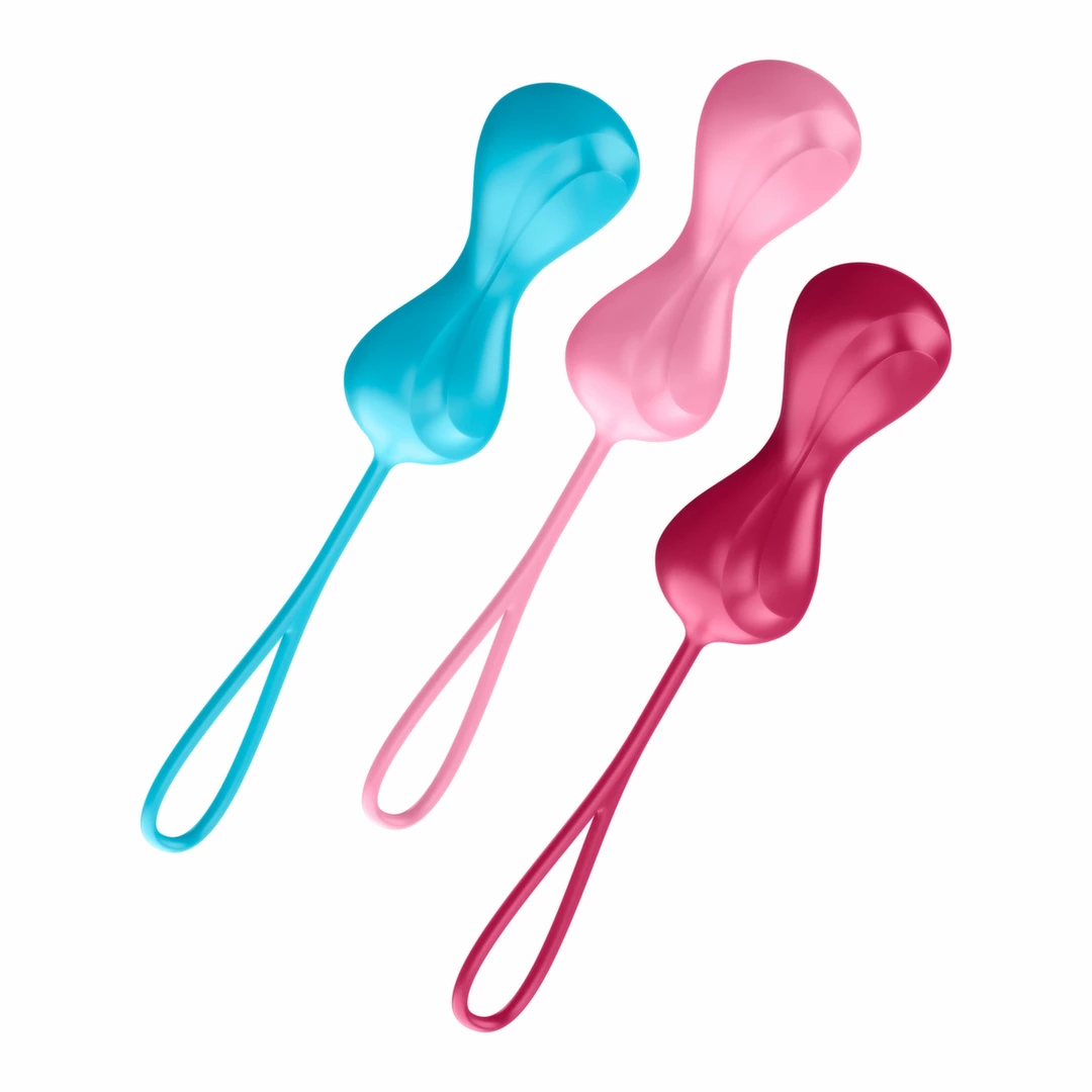 Zestaw trzech podwójnych kulek gejszy wykonanych z silikonu w kolorach niebieskim czerwonym i różowym Satisfyer  Power Balls 