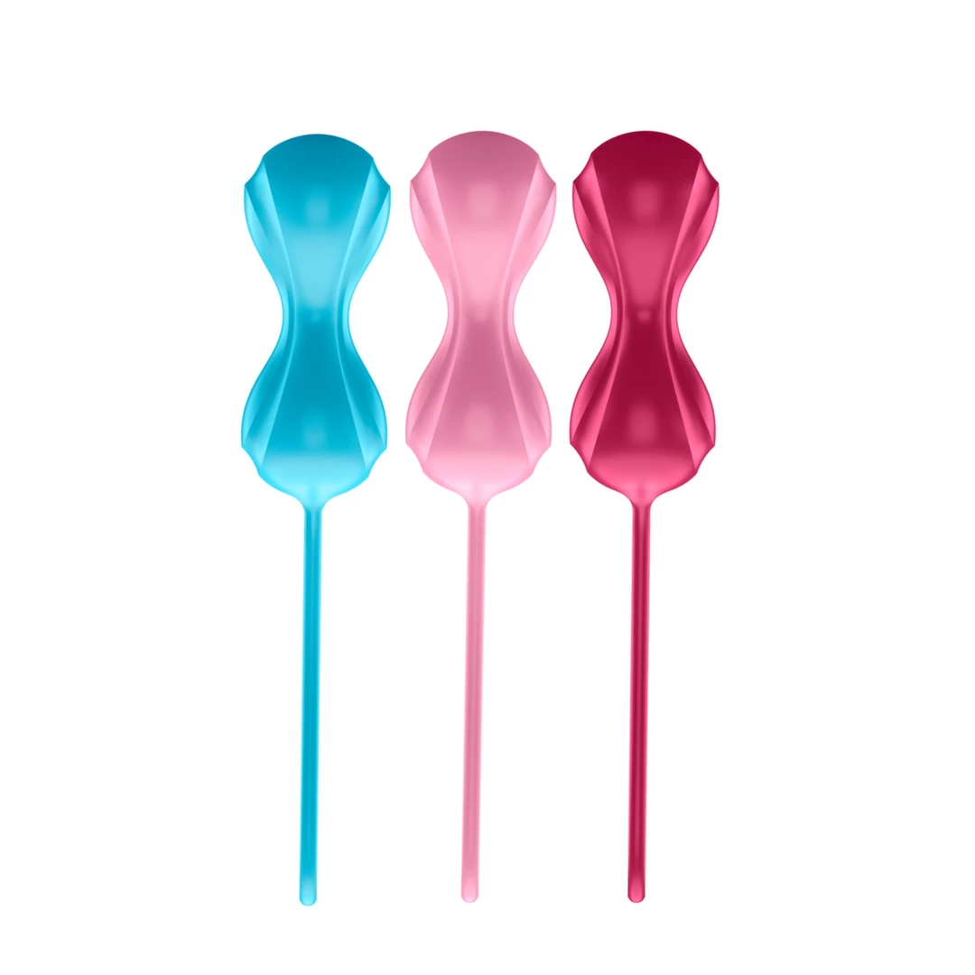 Zestaw trzech podwójnych kulek gejszy wykonanych z silikonu w kolorach niebieskim czerwonym i różowym Satisfyer  Power Balls 