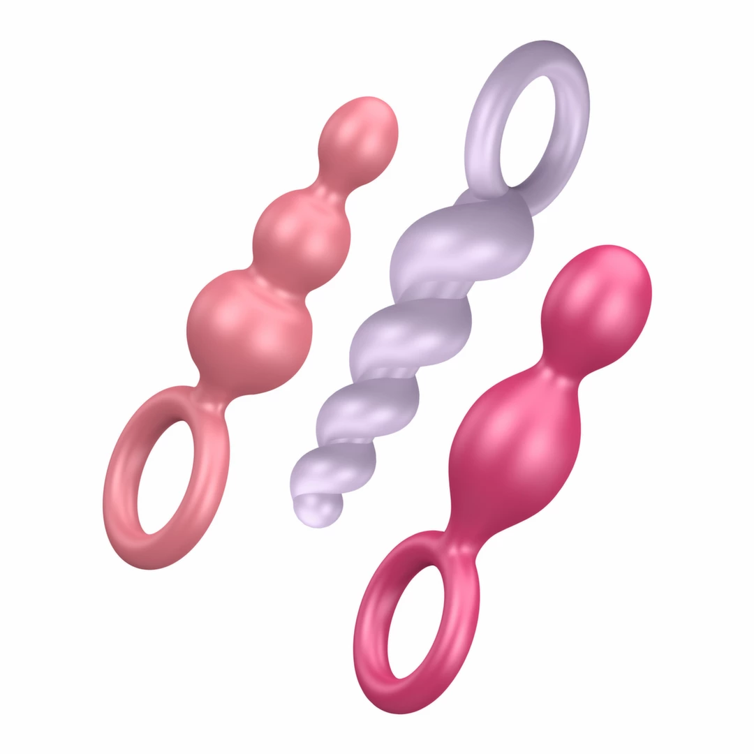 Koraliki analne wykonane z silikonu w kolorach białym beżowym i karmazynowym Satisfyer Booty Call Plugs 