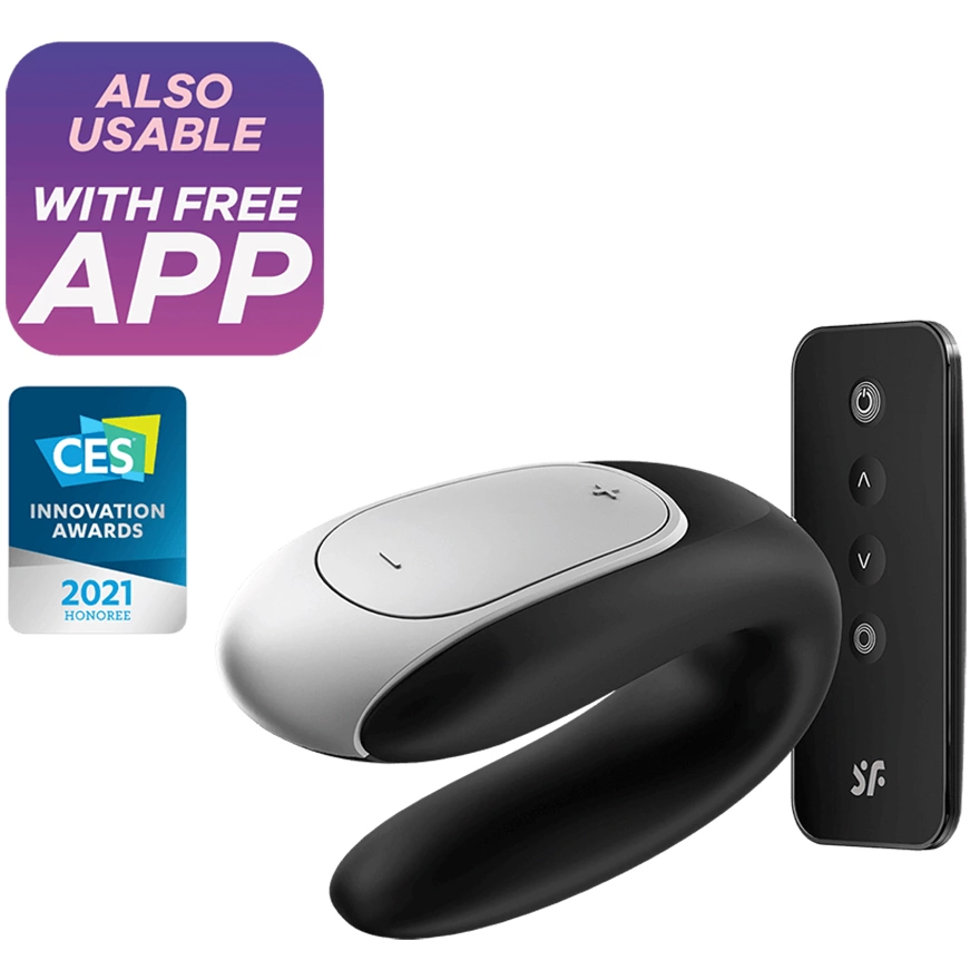 Czarny silikonowy wibrator do stymulacji punktu G i łechtaczki z pilotem Satisfyer Double Fun 