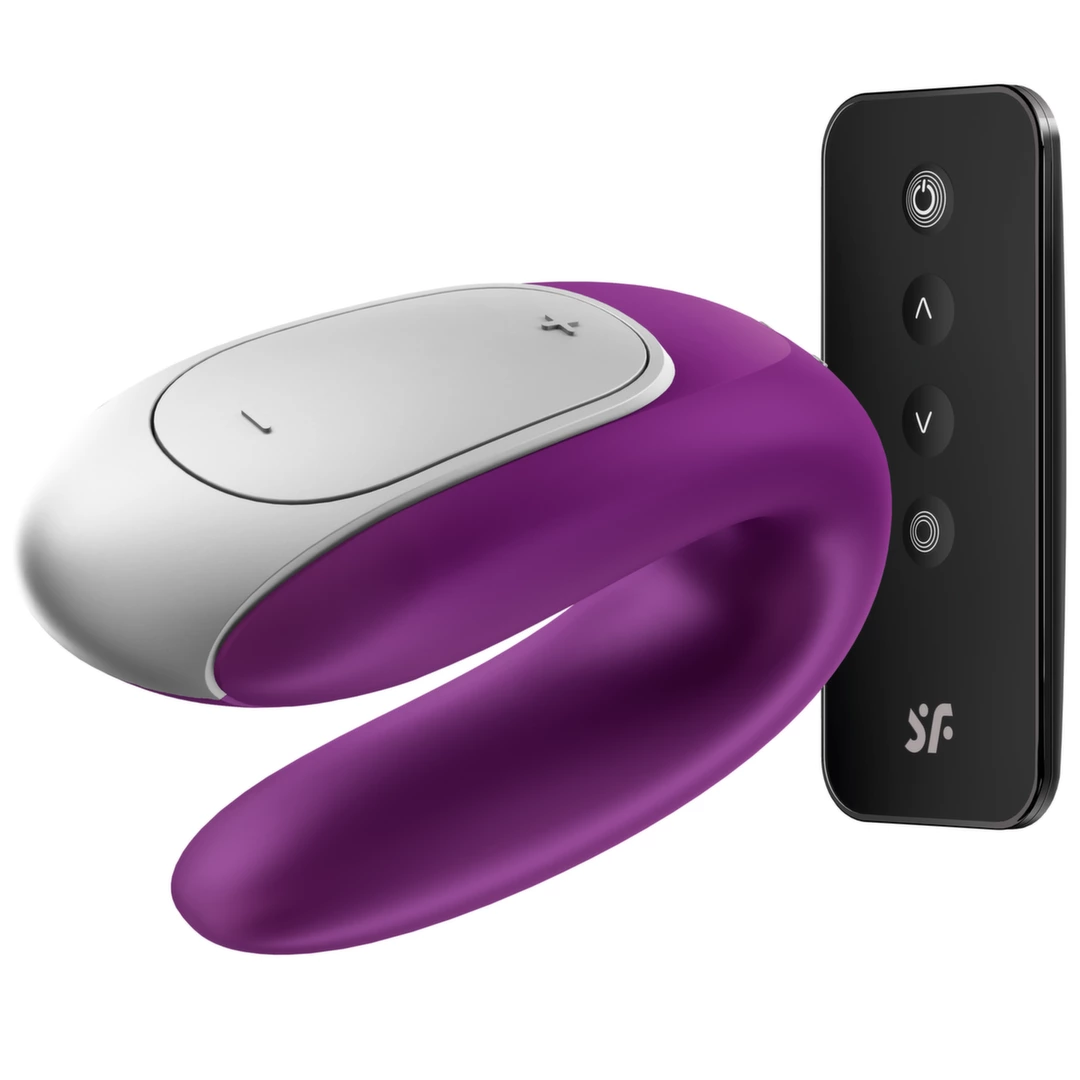 Wibrator do stymulacji punktu G i łechtaczki silikonowy z pilotem w kolorze czarno fioletowym Satisfyer Double Fun 