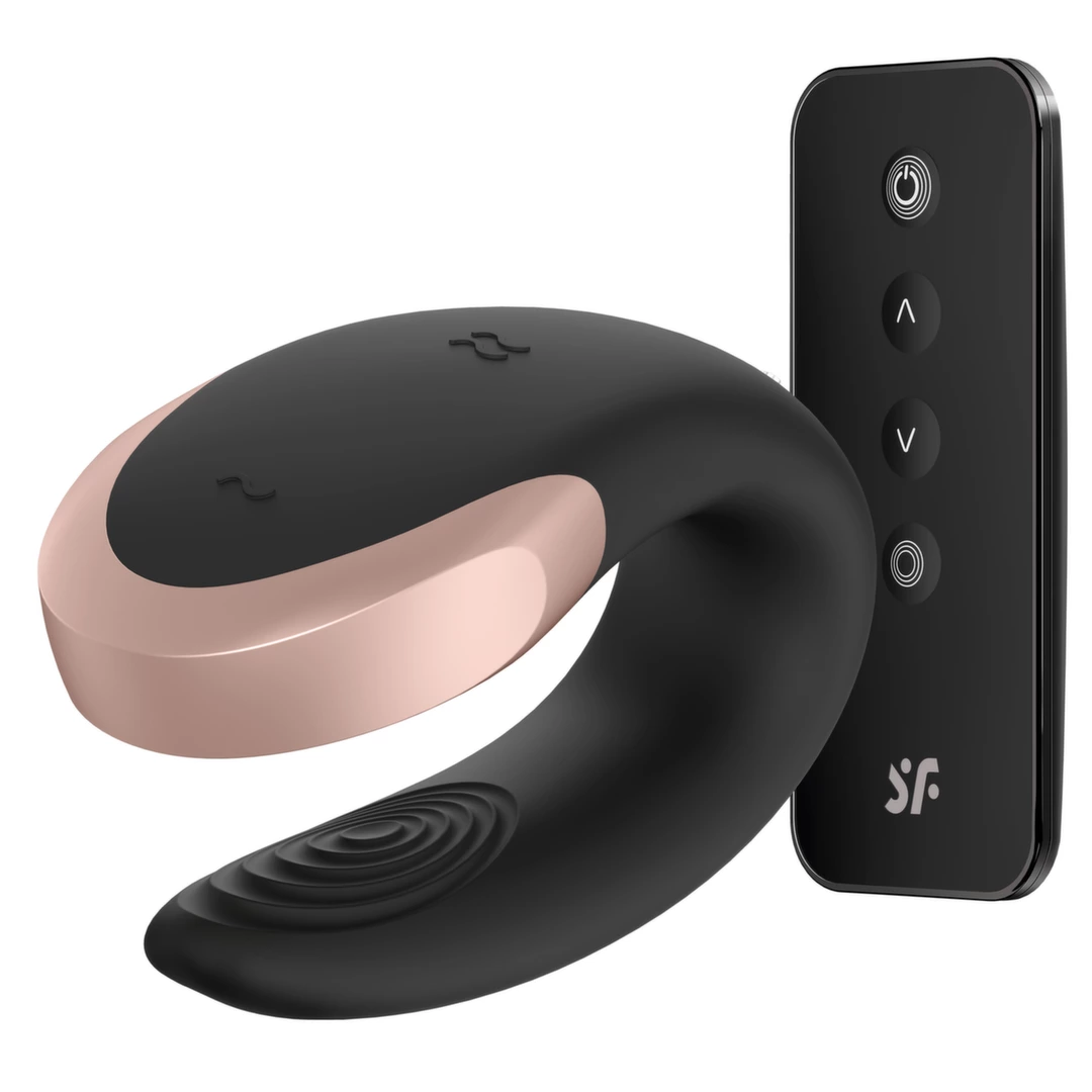 Wibrator do stymulacji punktu G i łechtaczki silikonowy z pilotem w kolorze czarno beżowym Satisfyer Double Love 