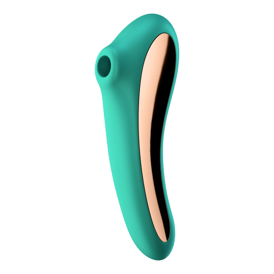 Turkusowy silikonowy zakrzywiony wibrator do stymulacji punktu G za pomocą wibracji i stymulacji łechtaczki za pomocą podciśnienia Satisfyer Dual Kiss 
