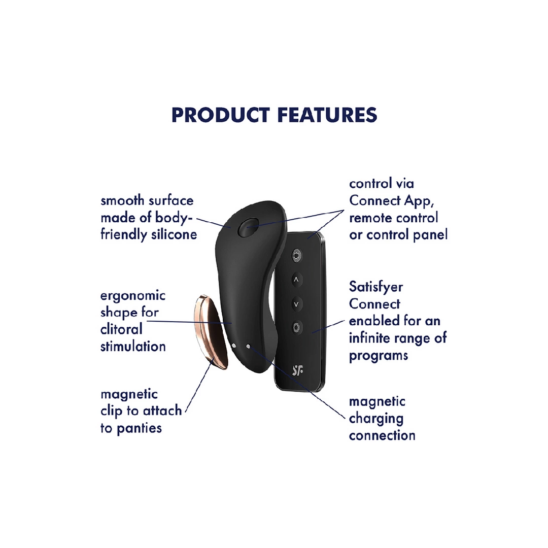 Wibrator do majtek do masturbacji łechtaczki i pochwy wykonany z czarnego silikonu z pilotem Satisfyer Little