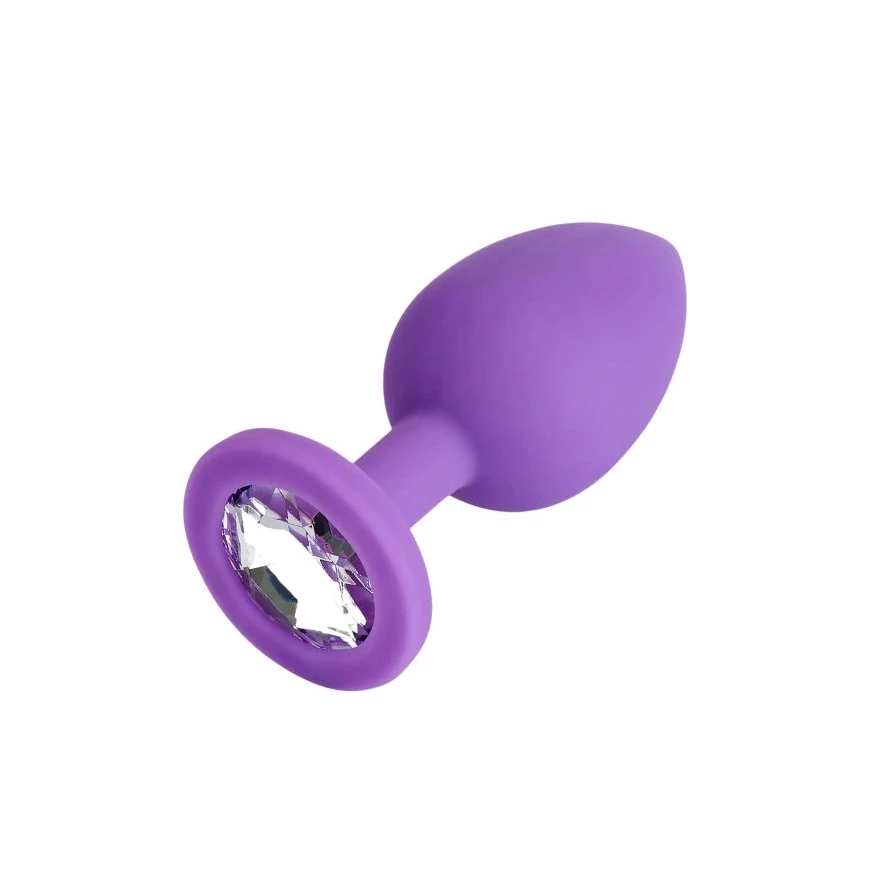 Mały korek analny wykonany z fioletowego silikonu z przezroczystym kryształem So Divine Sweet Sensation 7 cm