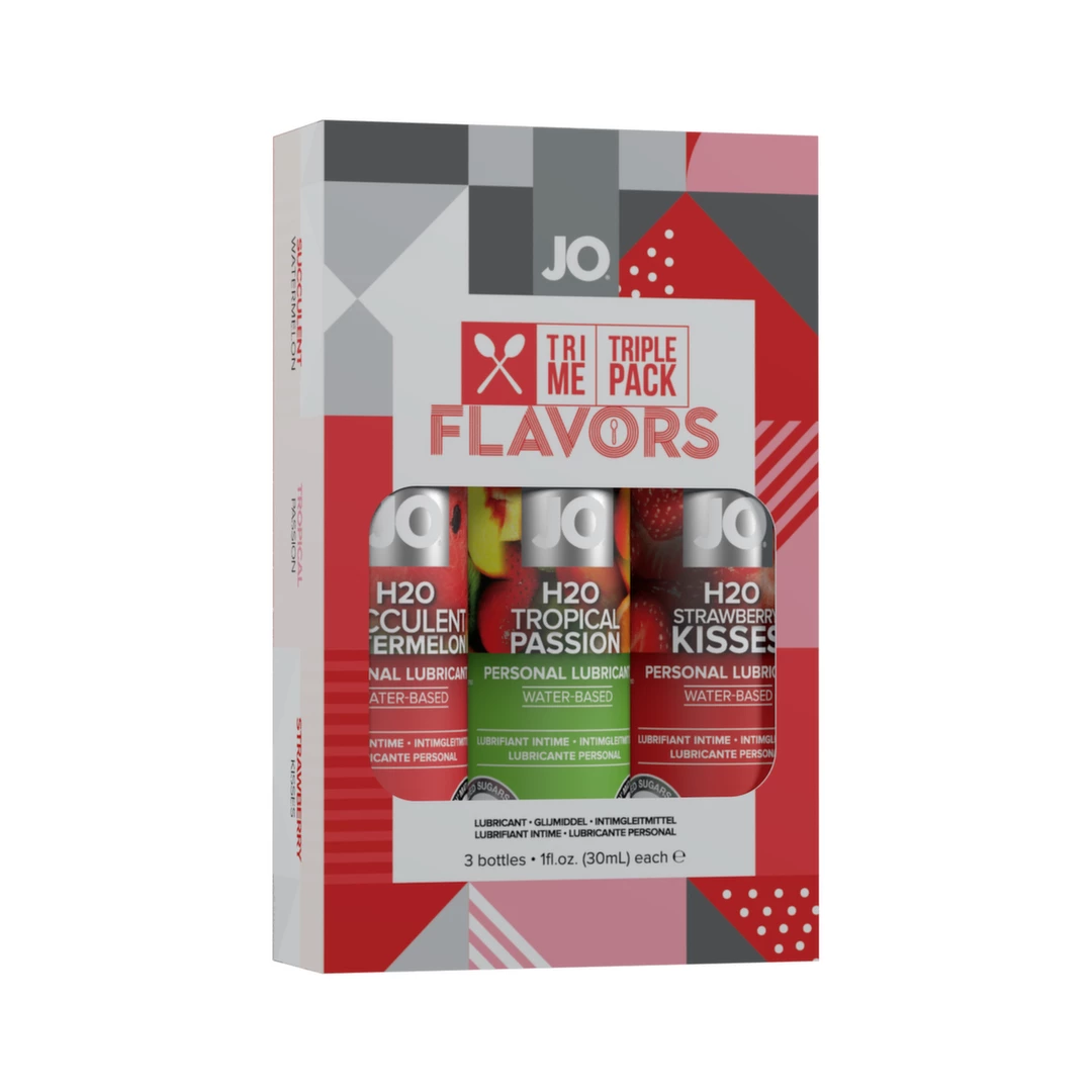 Zestaw trzech lubrykantów dopochwowych na bazie wody o smaku arbuza, owoców tropikalnych i truskawki System JO Tri Me Flavors 3 x 30 ml