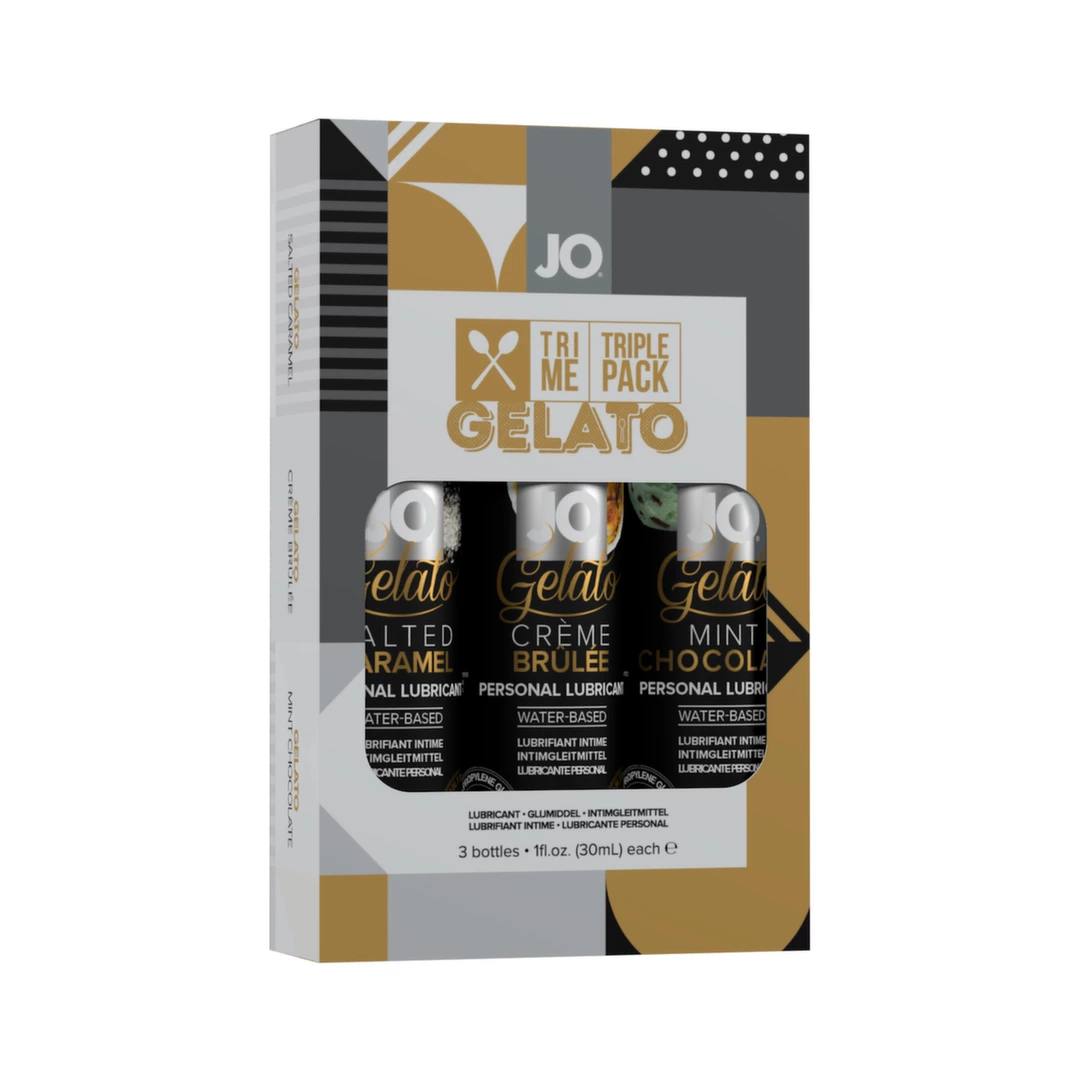 Zestaw trzech lubrykantów dopochwowych na bazie wody o smaku solonego karmelu, creme brulee i miętowej czekolady System JO Tri Me Gelato 3 x 30 ml