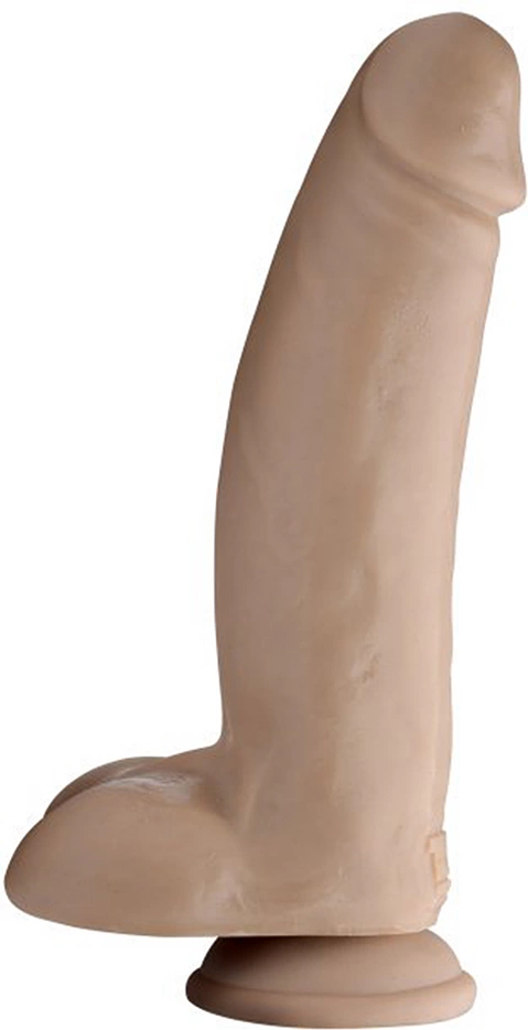 Realistyczne zakrzywione dildo do masturbacji wykonane z beżowego silikonu z przyssawką i jądrami 26 cm