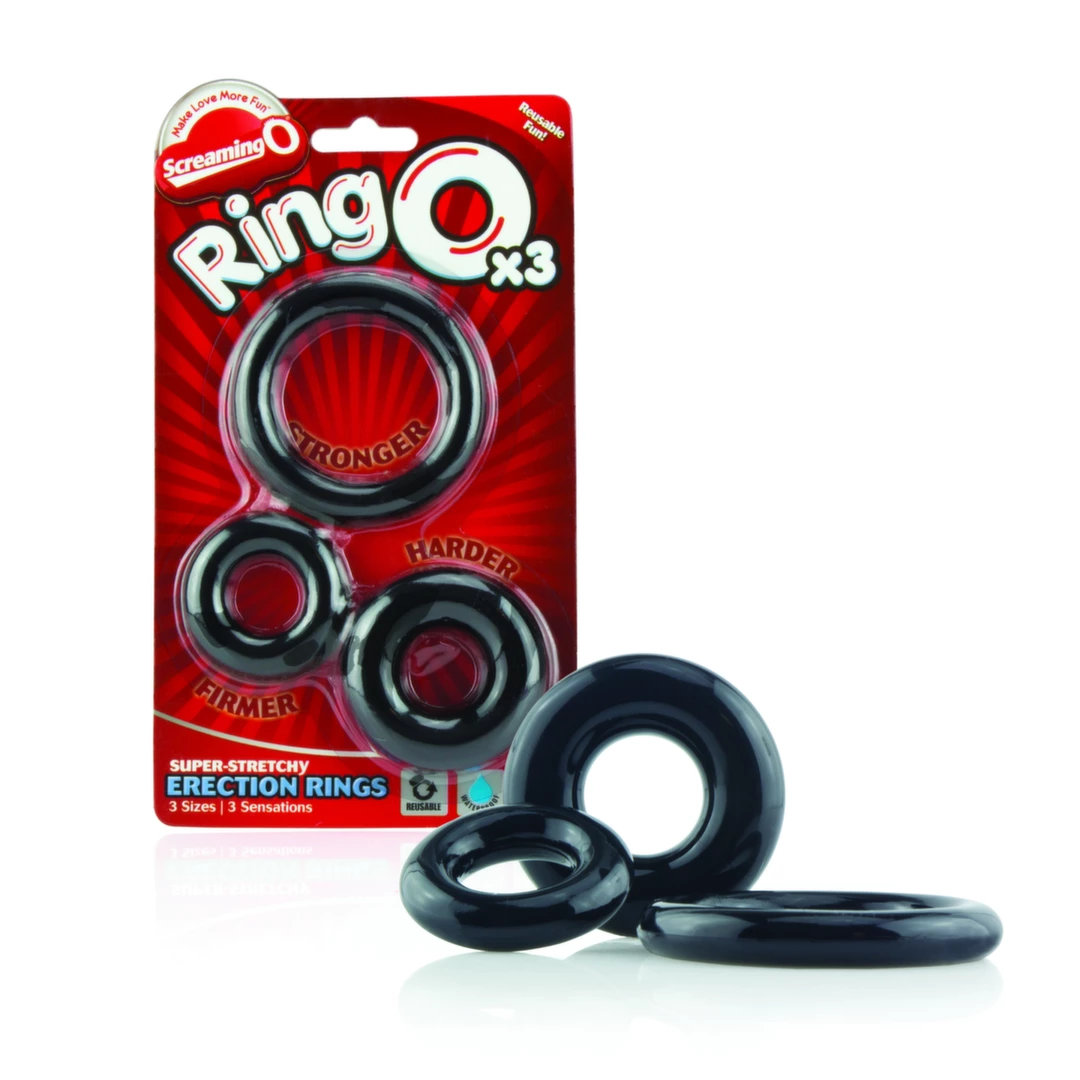 Zestaw trzech czarnych silikonowych pierścieni erekcyjnych  The Screaming O Ringo