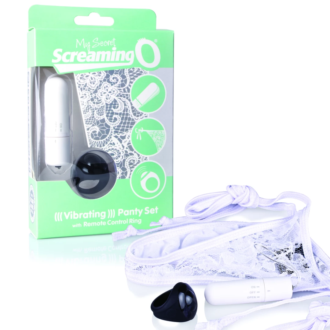 Biały silikonowy miniwibrator do stymulacji łechtaczki do majtek + czarny pierścień z pilotem zdalnego sterowania The Screaming O Remote Control 