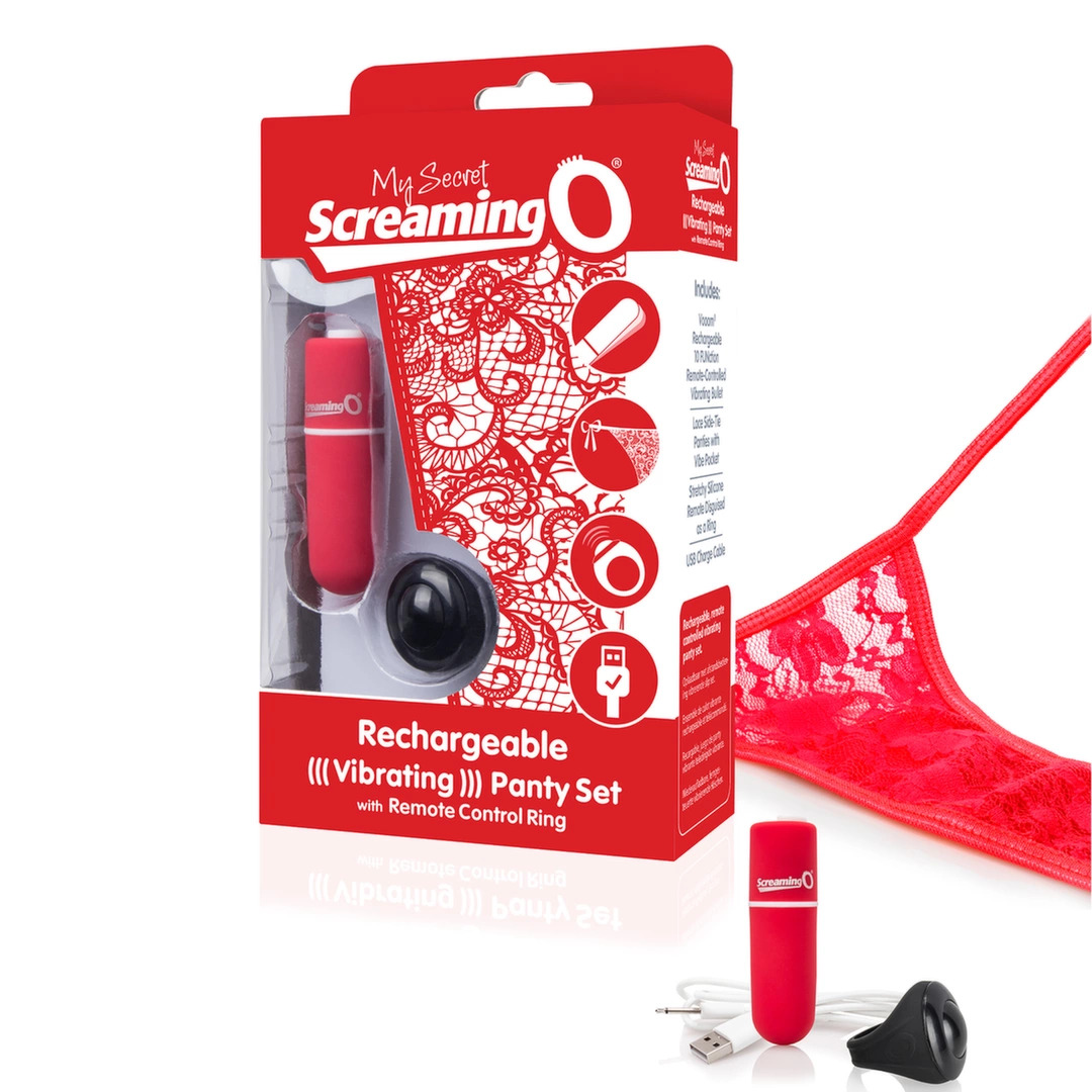 Czerwony silikonowy wibrator do stymulacji łechtaczki do majtek + czarny pierścień z pilotem zdalnego sterowania The Screaming O Charged Remote 