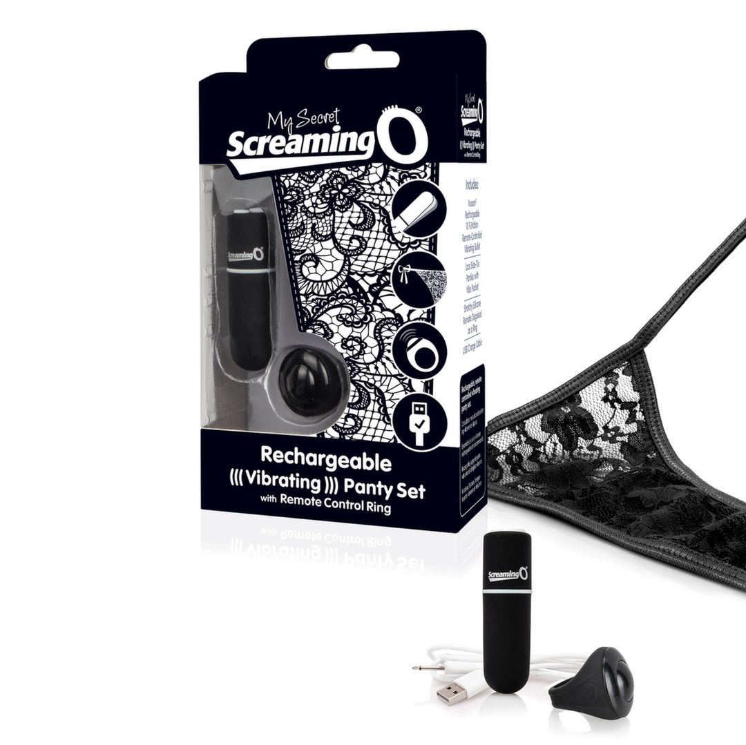 Czarny silikonowy wibrator do stymulacji łechtaczki do majtek + pierścień z pilotem zdalnego sterowania The Screaming O Charged Remote 