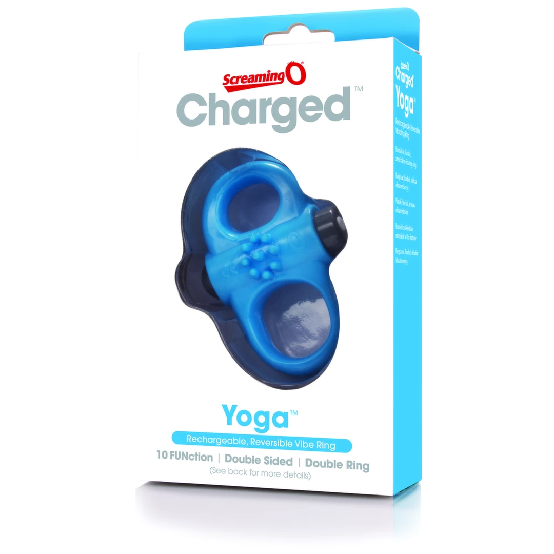 Wibrujący silikonowy pierścień na penisa w kolorze niebieskim z fakturą kolców The Screaming O Charged Yoga