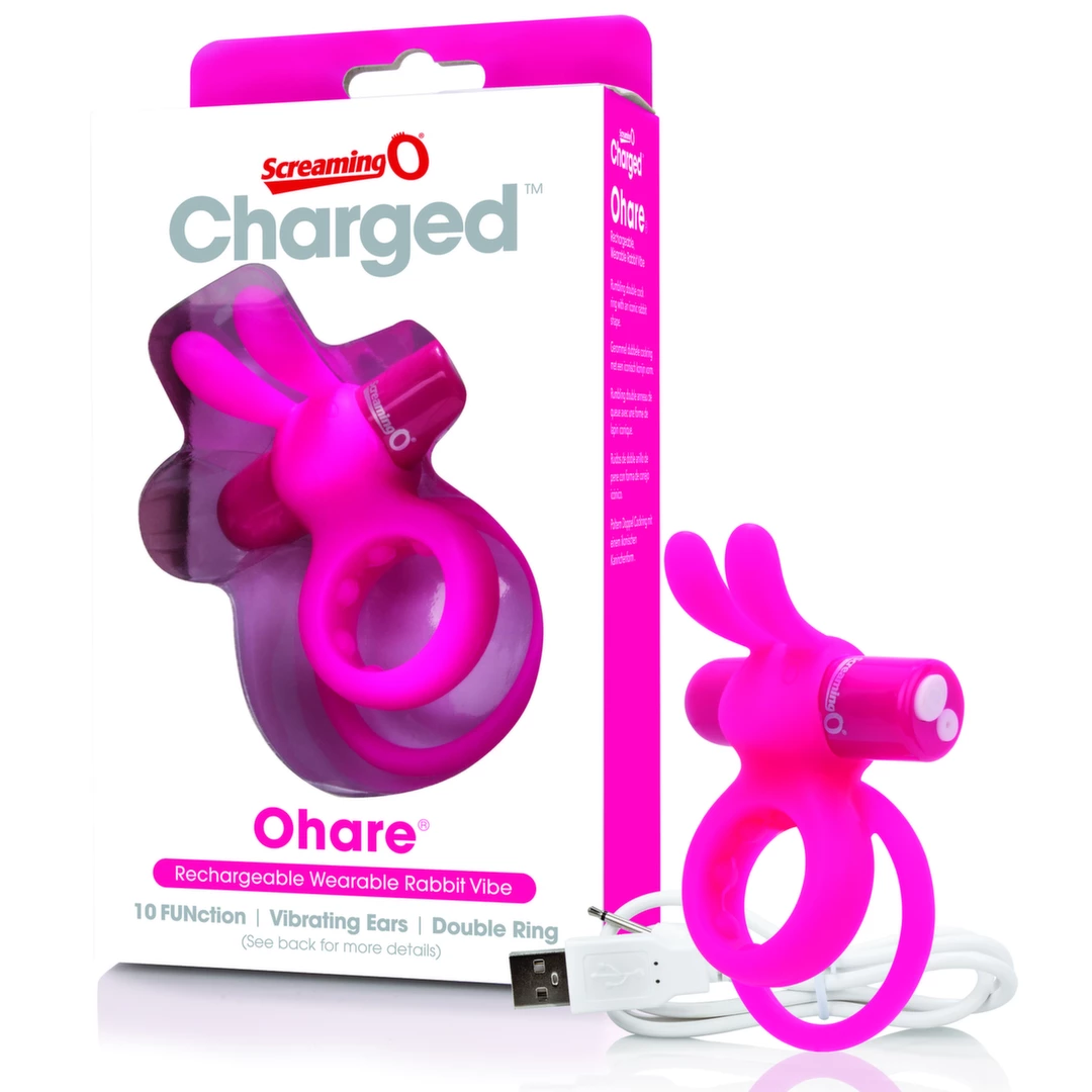 Wibrujący silikonowy pierścień na penisa różowy w kształcie królika z miniwibratorem The Screaming O Charged Ohare 