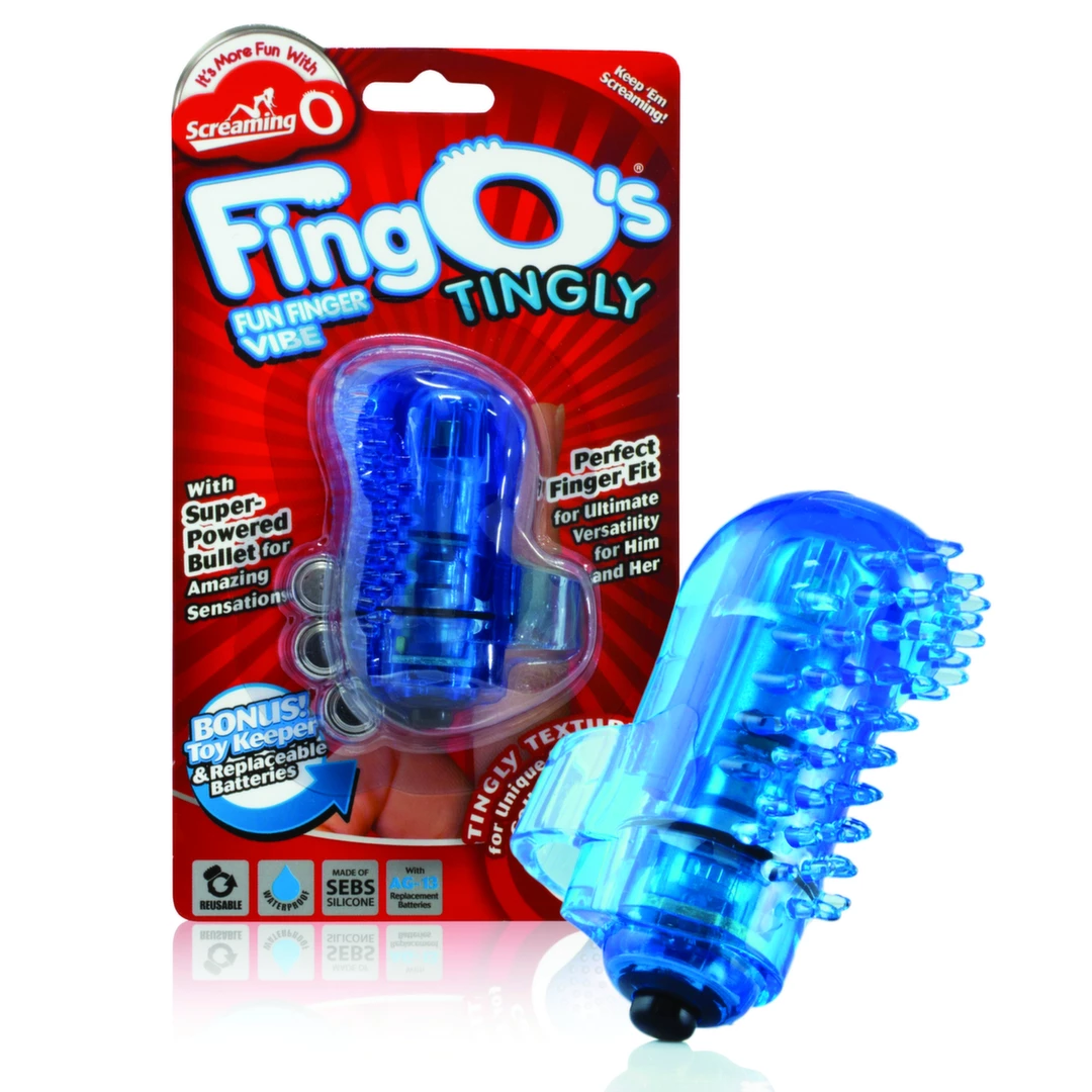 Wibrator silikonowy na palec do stymulacji łechtaczki z wypukłościami w kolorze niebieskim przezroczystym od The Screaming O The FingO Tingly 