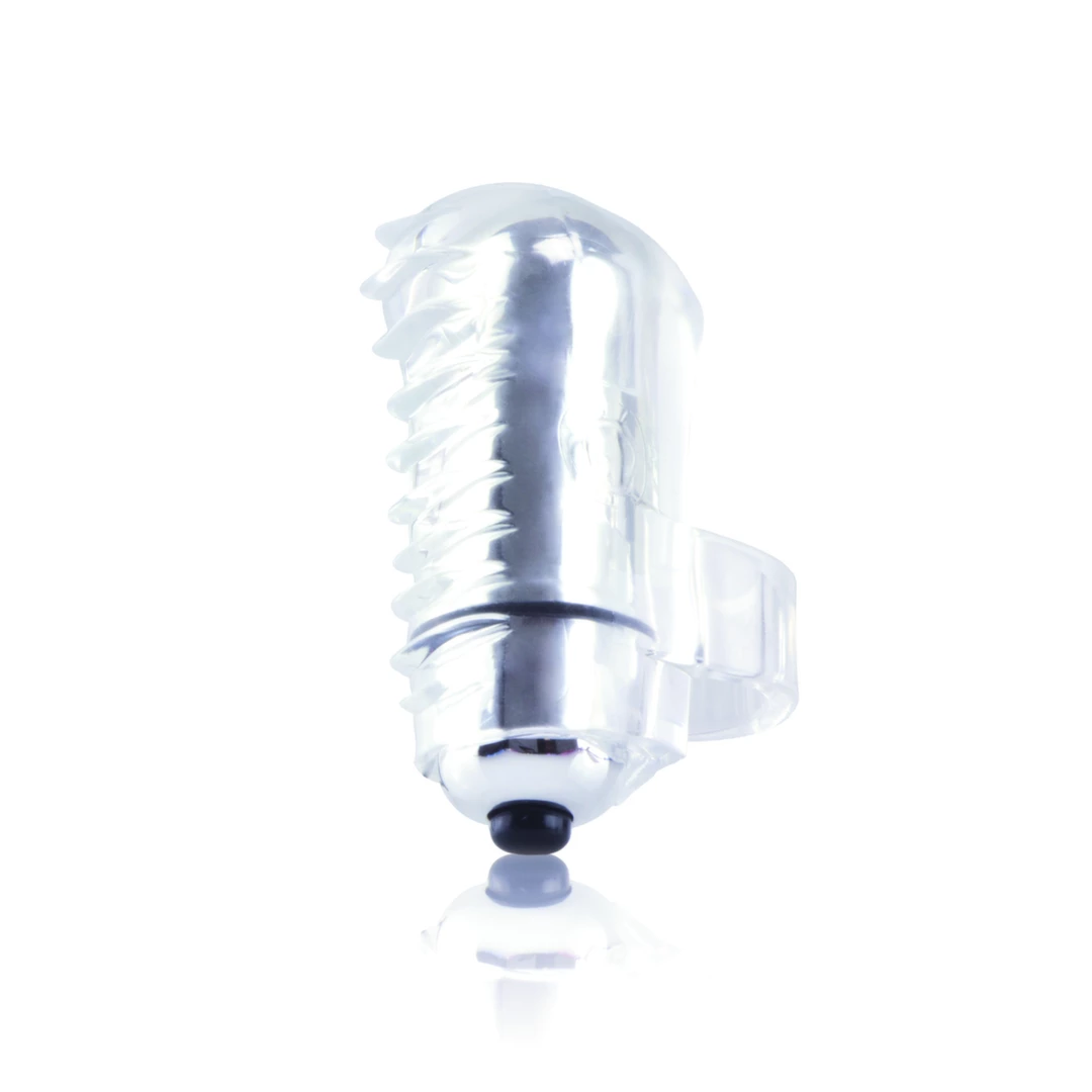 Przezroczysty silikonowy wibrator na palec do stymulacji łechtaczki z wypukłościami od The Screaming O The FingO Wavy 