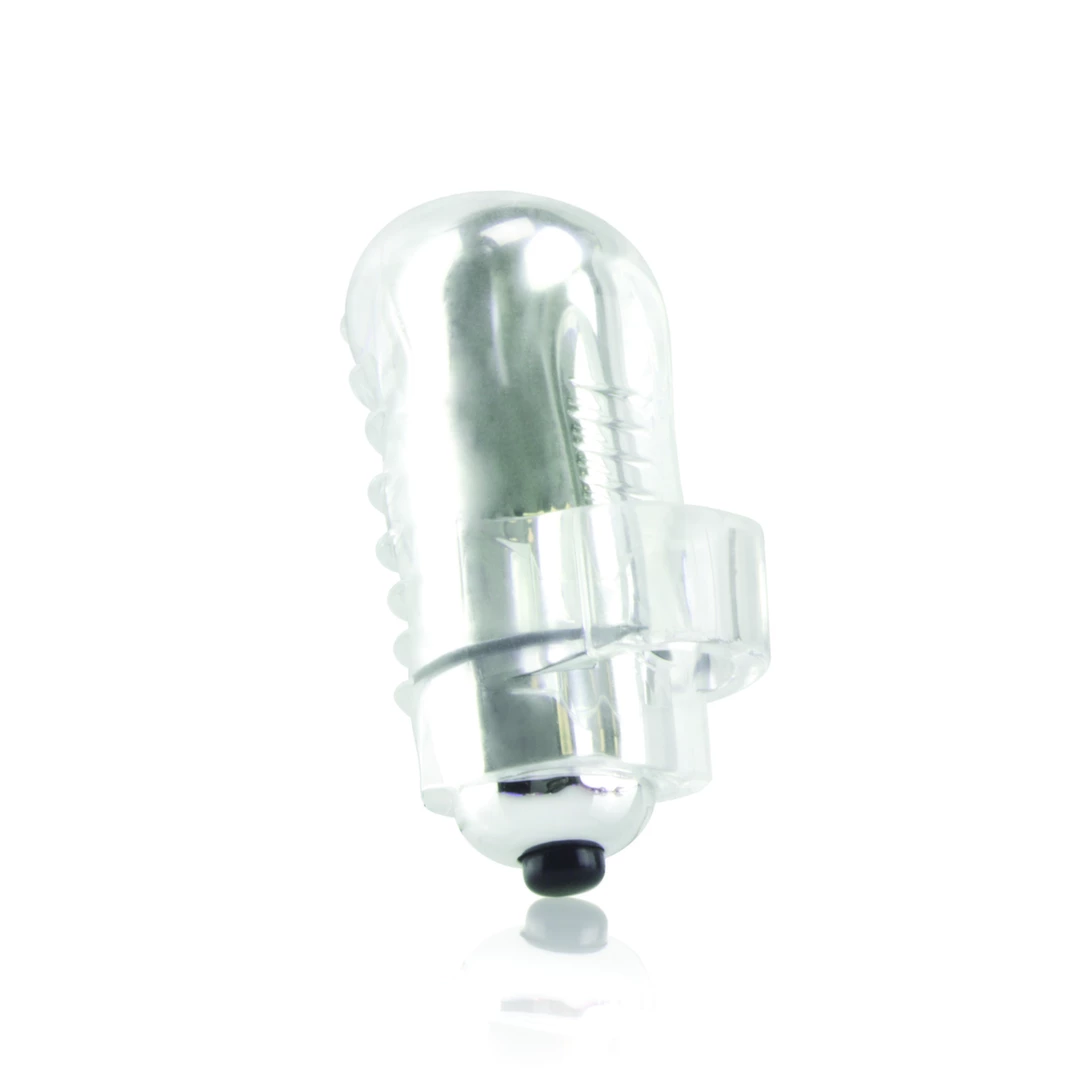 Przezroczysty silikonowy wibrator na palec do stymulacji łechtaczki z wypukłościami od The Screaming O The FingO Wavy 