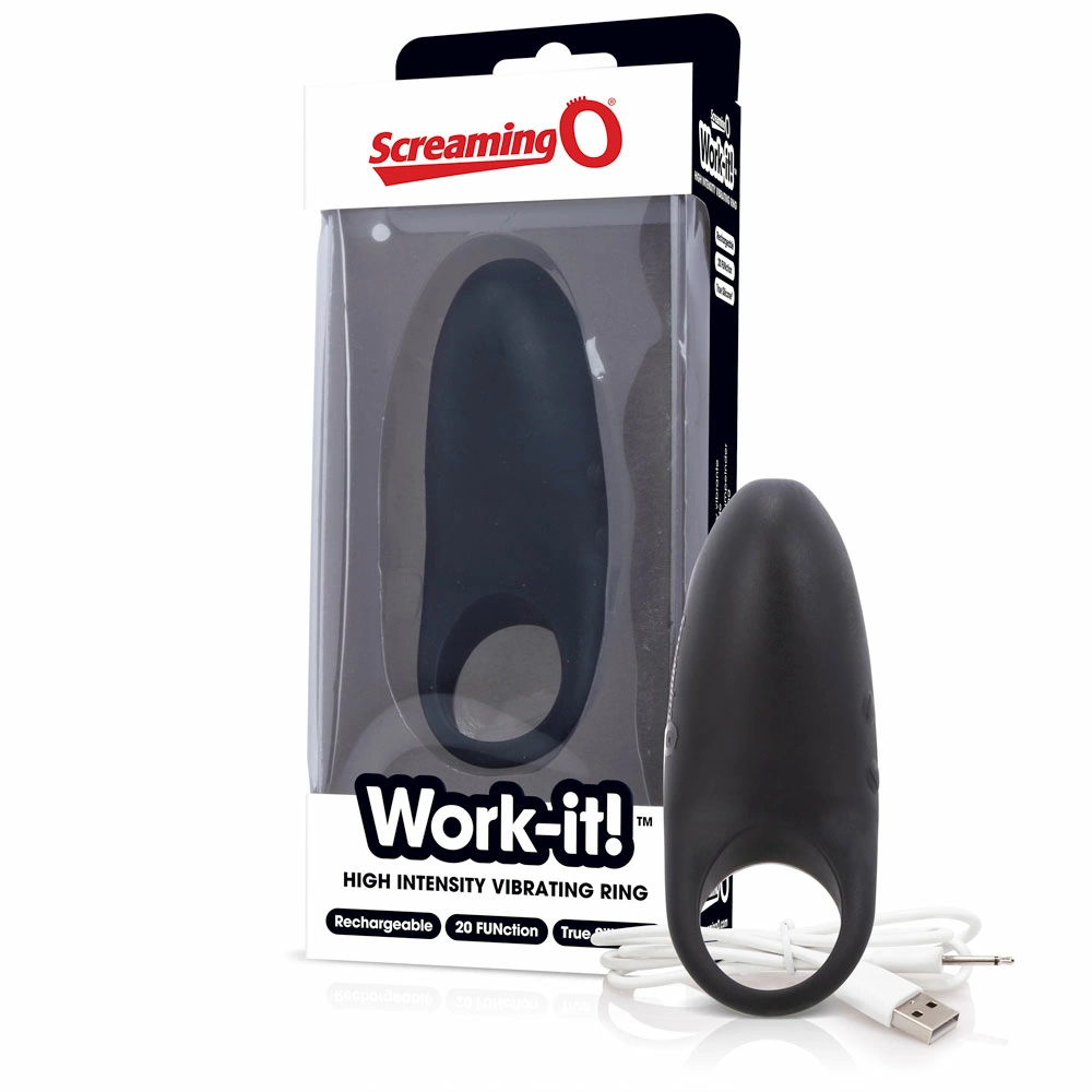 Wibrujący silikonowy pierścień na penisa czarny z przedłużonym wibratorem na końcu The Screaming O Work-it! 