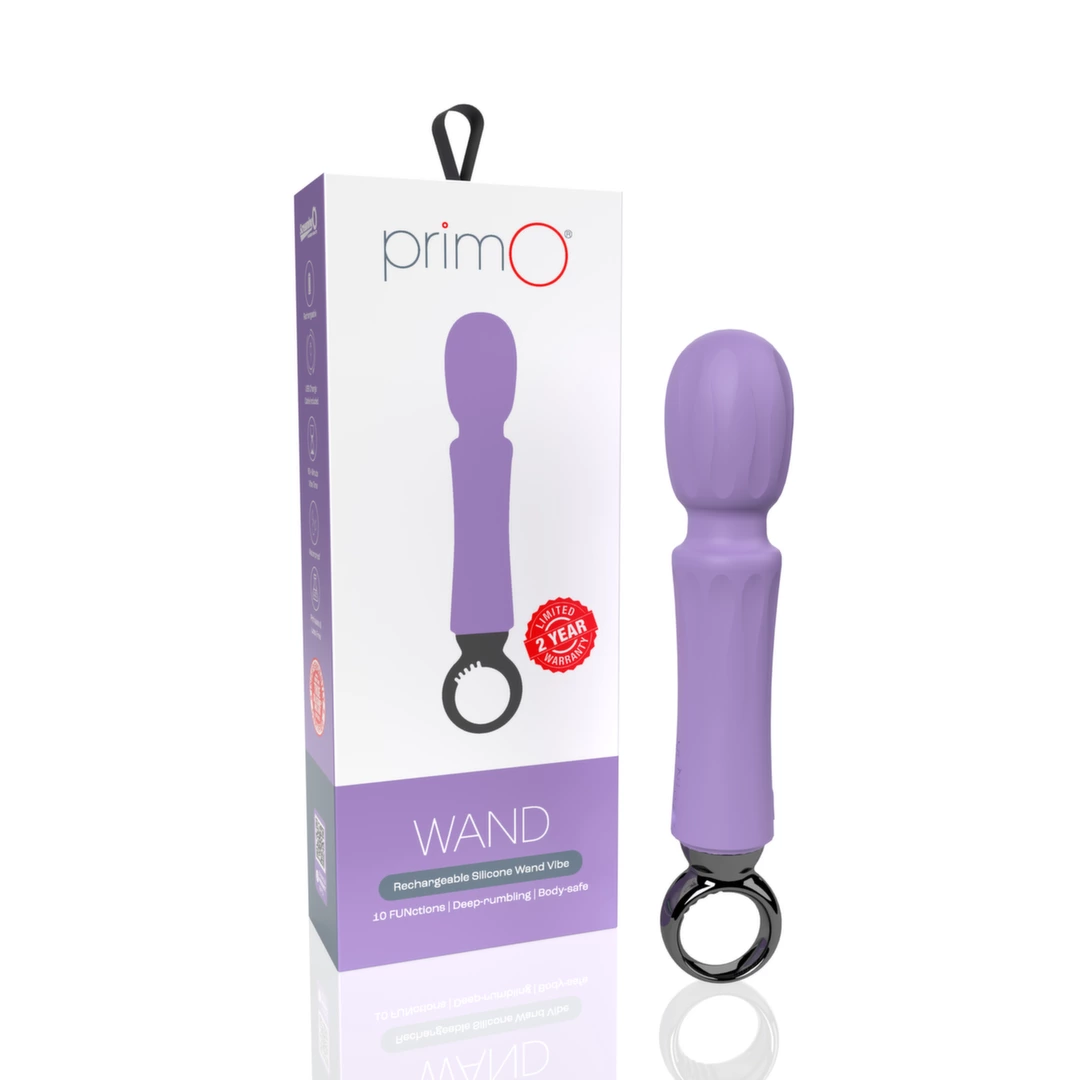 Fioletowy silikonowy wibrator do masturbacji łechtaczki z pierścieniem na uchwycie The Screaming O Primo WandLilac