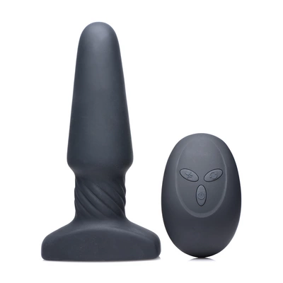 Gładki korek analny wykonany z szarego silikonu z pilotem zdalnego sterowania Slim R 10 cm